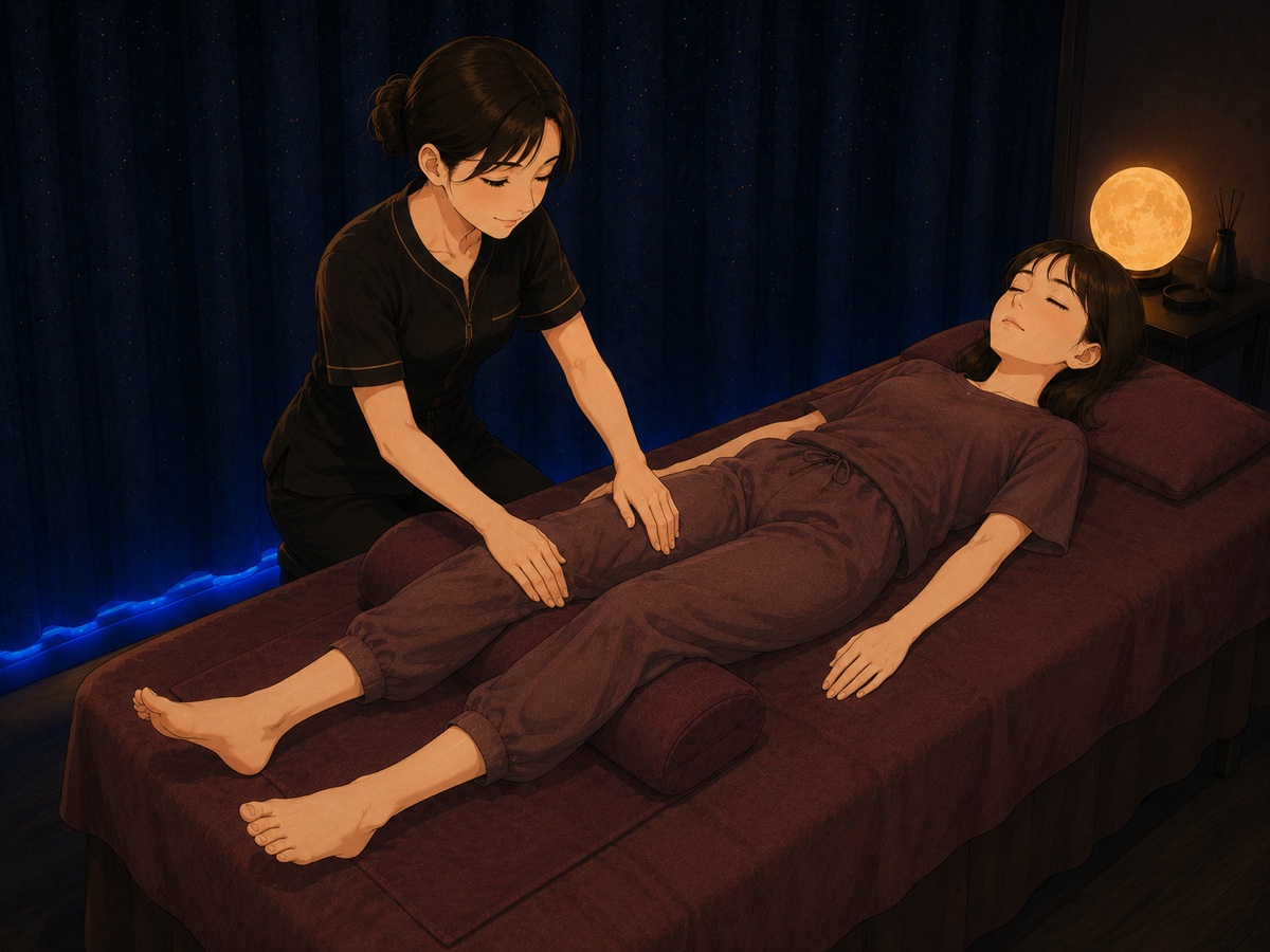 施術着のまま仰向けで脚をもみほぐしてもらう全身もみほぐしの施術