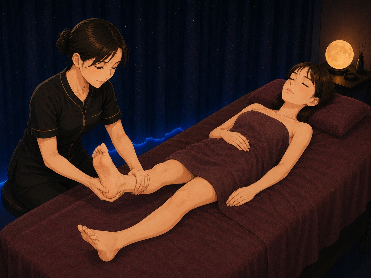 仰向けの女性の足首まわりをやさしくほぐす施術