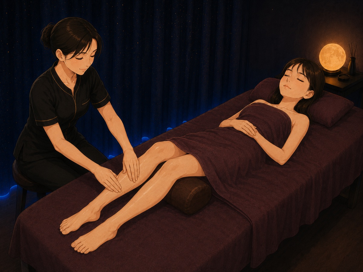 タオルを巻いた女性がオイルで脚のマッサージを受けている施術風景
